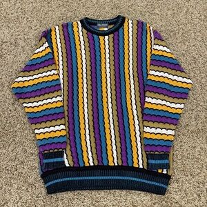 Vintage 80s Coogi Style Ellis Island Colorful Knit 3D Sweater USA Made Sz.M